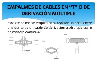 EMPALMES DE CABLES EN “T” O DE 
DERIVACIÓN MULTIPLE 
Este empalme se emplea para realizar uniones entre 
una punta de un cable de derivación a otro que corre 
de manera continua. 
 