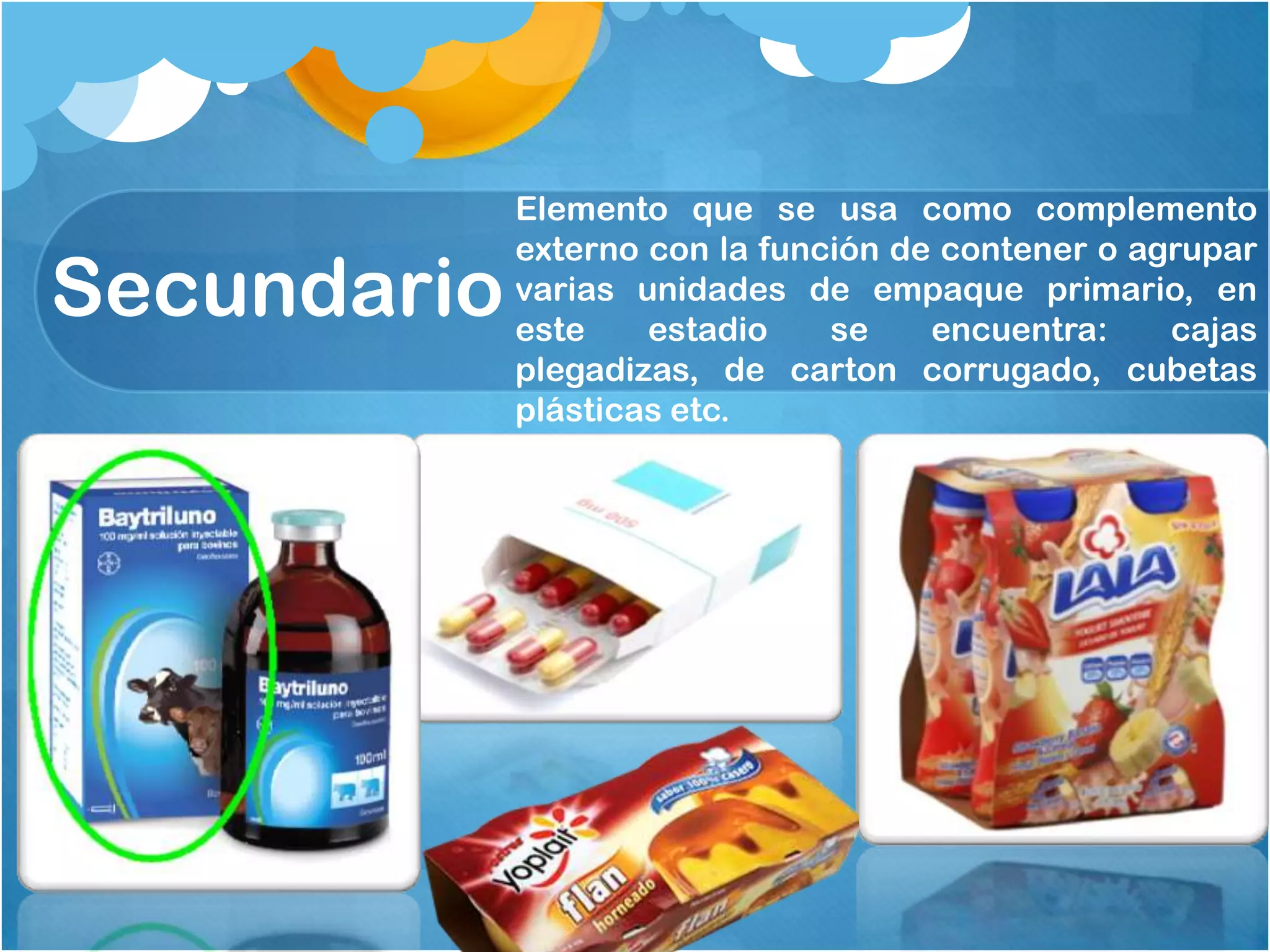 Secundario
Elemento que se usa como complemento
externo con la función de contener o agrupar
varias unidades de empaque primario, en
este
estadio
se
encuentra:
cajas
plegadizas, de carton corrugado, cubetas
plásticas etc.