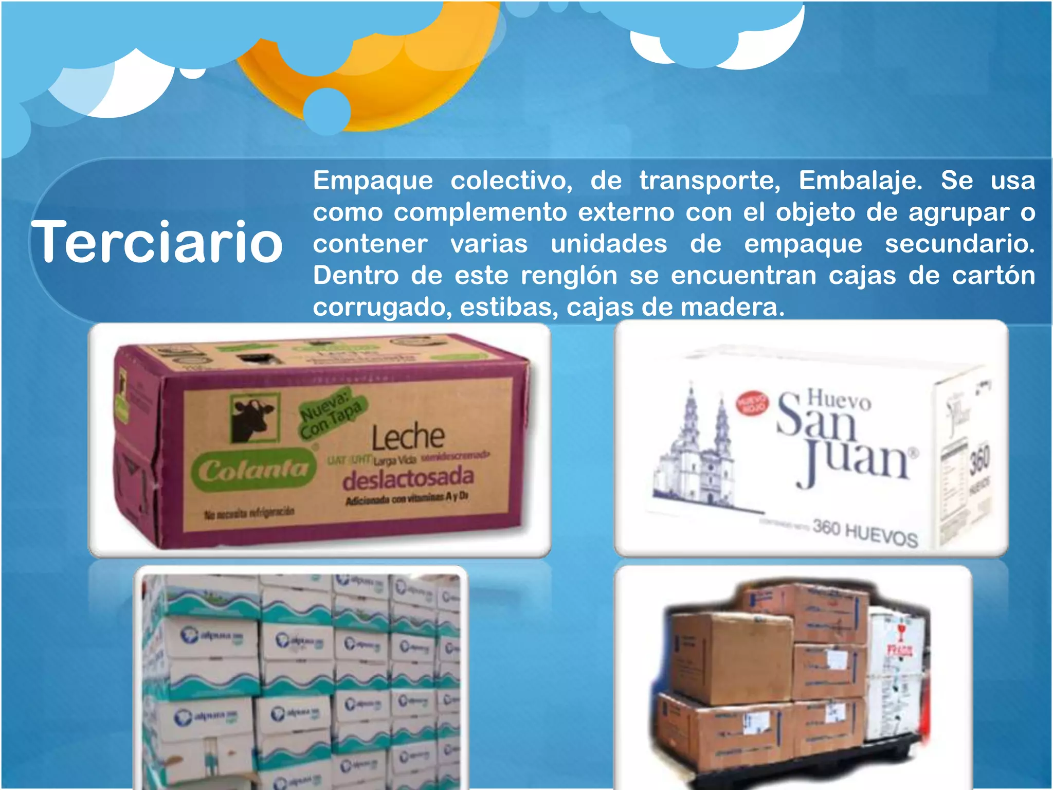 Terciario
Empaque colectivo, de transporte, Embalaje. Se usa
como complemento externo con el objeto de agrupar o
contener varias unidades de empaque secundario.
Dentro de este renglón se encuentran cajas de cartón
corrugado, estibas, cajas de madera.