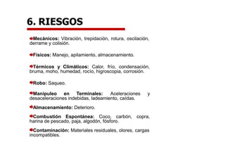 Mecánicos: Vibración, trepidación, rotura, oscilación,
derrame y colisión.
Físicos: Manejo, apilamiento, almacenamiento.
Térmicos y Climáticos: Calor, frío, condensación,
bruma, moho, humedad, rocío, higroscopia, corrosión.
Robo: Saqueo.
Manipuleo en Terminales: Aceleraciones y
desaceleraciones indebidas, ladeamiento, caídas.
Almacenamiento: Deterioro.
Combustión Espontánea: Coco, carbón, copra,
harina de pescado, paja, algodón, fósforo.
Contaminación: Materiales residuales, olores, cargas
incompatibles.
6. RIESGOS
 