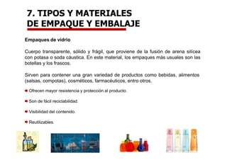 Empaques de vidrio
Cuerpo transparente, sólido y frágil, que proviene de la fusión de arena silícea
con potasa o soda cáustica. En este material, los empaques más usuales son las
botellas y los frascos.
Sirven para contener una gran variedad de productos como bebidas, alimentos
(salsas, compotas), cosméticos, farmacéuticos, entro otros.
Ofrecen mayor resistencia y protección al producto.
Son de fácil reciclabilidad.
Visibilidad del contenido.
Reutilizables.
7. TIPOS Y MATERIALES
DE EMPAQUE Y EMBALAJE
 