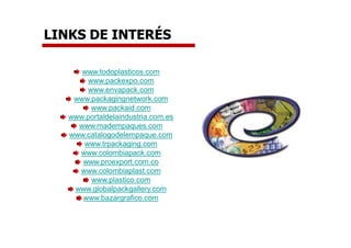 LINKS DE INTERÉS
www.todoplasticos.com
www.packexpo.com
www.envapack.com
www.packagingnetwork.com
www.packaid.com
www.portaldelaindustria.com.es
www.madempaques.com
www.catalogodelempaque.com
www.trpackaging.com
www.colombiapack.com
www.proexport.com.co
www.colombiaplast.com
www.plastico.com
www.globalpackgallery.com
www.bazargrafico.com
 