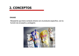 2. CONCEPTOS
ENVASE
Recipiente que tiene contacto directo con el producto específico, con la
función de envasarlo y protegerlo.
 