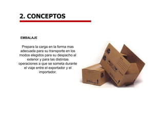 EMBALAJE
Prepara la carga en la forma mas
adecuada para su transporte en los
modos elegidos para su despacho al
exterior y para las distintas
operaciones a que se someta durante
el viaje entre el exportador y el
importador.
2. CONCEPTOS
 