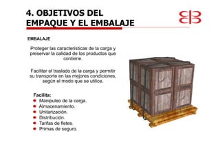 Proteger las características de la carga y
preservar la calidad de los productos que
contiene.
Facilitar el traslado de la carga y permitir
su transporte en las mejores condiciones,
según el modo que se utilice.
4. OBJETIVOS DEL
EMPAQUE Y EL EMBALAJE
EMBALAJE
Facilita:
Manipuleo de la carga.
Almacenamiento.
Unitarización.
Distribución.
Tarifas de fletes.
Primas de seguro.
 