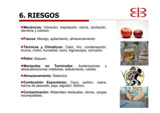Mecánicos: Vibración, trepidación, rotura, oscilación,
derrame y colisión.
Físicos: Manejo, apilamiento, almacenamiento.
Térmicos y Climáticos: Calor, frío, condensación,
bruma, moho, humedad, rocío, higroscopia, corrosión.
Robo: Saqueo.
Manipuleo en Terminales: Aceleraciones y
desaceleraciones indebidas, ladeamiento, caídas.
Almacenamiento: Deterioro.
Combustión Espontánea: Coco, carbón, copra,
harina de pescado, paja, algodón, fósforo.
Contaminación: Materiales residuales, olores, cargas
incompatibles.
6. RIESGOS
 