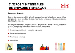 Empaques de vidrio
Cuerpo transparente, sólido y frágil, que proviene de la fusión de arena silícea
con potasa o soda cáustica. En este material, los empaques más usuales son las
botellas y los frascos.
Sirven para contener una gran variedad de productos como bebidas, alimentos
(salsas, compotas), cosméticos, farmacéuticos, entro otros.
Ofrecen mayor resistencia y protección al producto.
Son de fácil reciclabilidad.
Visibilidad del contenido.
Reutilizables.
7. TIPOS Y MATERIALES
DE EMPAQUE Y EMBALAJE
 