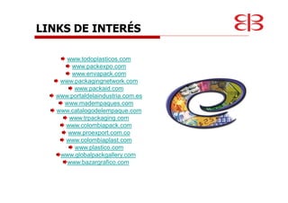 LINKS DE INTERÉS
www.todoplasticos.com
www.packexpo.com
www.envapack.com
www.packagingnetwork.com
www.packaid.com
www.portaldelaindustria.com.es
www.madempaques.com
www.catalogodelempaque.com
www.trpackaging.com
www.colombiapack.com
www.proexport.com.co
www.colombiaplast.com
www.plastico.com
www.globalpackgallery.com
www.bazargrafico.com
 