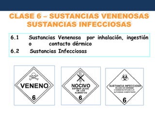 CLASE 6 – SUSTANCIAS VENENOSAS
   SUSTANCIAS INFECCIOSAS
6.1   Sustancias Venenosa por inhalación, ingestión
      o       contacto dérmico
6.2   Sustancias Infecciosas
 