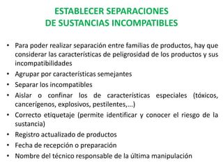 ESTABLECER SEPARACIONES
            DE SUSTANCIAS INCOMPATIBLES

• Para poder realizar separación entre familias de productos, hay que
  considerar las características de peligrosidad de los productos y sus
  incompatibilidades
• Agrupar por características semejantes
• Separar los incompatibles
• Aislar o confinar los de características especiales (tóxicos,
  cancerígenos, explosivos, pestilentes,...)
• Correcto etiquetaje (permite identificar y conocer el riesgo de la
  sustancia)
• Registro actualizado de productos
• Fecha de recepción o preparación
• Nombre del técnico responsable de la última manipulación
 