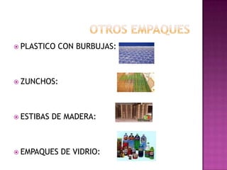  PLASTICO   CON BURBUJAS:



 ZUNCHOS:




 ESTIBAS   DE MADERA:



 EMPAQUES    DE VIDRIO:
 