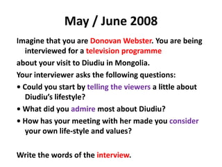 October / November 2010 (iii)Imagine you are a reporter investigating the cause of an infestation of mice that has occurred throughout the village of Malsam.Write your report for a national newspaper, using the headline: ‘Horror Plague Overwhelms Village. ’You should include the following:• the effects of the infestation on the villagers;• the attitudes of the villagers to the Duvall family;• the comments of the Duvall parents and children.
