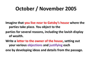 May / June 2009Imagine you are Aunt Pegg. After one week oflooking after the children, you write a letter to their parents in which you:• give your impressions of the children;• give an account of your progress with them so far;• tell your plans for the next week.