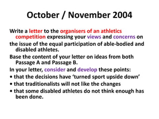 May / June 2008Imagine that you are Donovan Webster. You are being interviewed for a television programmeabout your visit to Diudiu in Mongolia.Your interviewer asks the following questions:• Could you start by telling the viewers a little about Diudiu’s lifestyle?• What did you admire most about Diudiu?• How has your meeting with her made you consider your own life-style and values?Write the words of the interview.