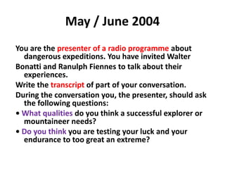 October / November 2007Write a newspaper report using the headlines printed below.Base what you write closely on the reading material in Passage A.Lost family found alive and well − hours from deathDramatic rescue by fishermenInclude the following in your report, in any order you wish:• comments about the rescue made by some of the people involved• reference to what life on the Ednamair was like before the rescue took place• feelings experienced by the family and the Japanese crew