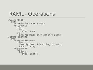 RAML - Operations
/users/{id}:
get:
description: Get a User
responses:
200:
body:
type: User
404:
description: User doesn't exist
/users/search:
get:
queryParameters:
input:
description: Sub string to match
type: string
responses:
200:
body:
type: User[]
 