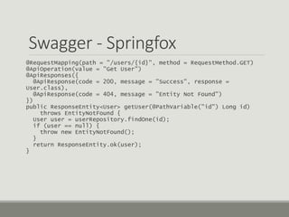 Swagger - Springfox
@RequestMapping(path = "/users/{id}", method = RequestMethod.GET)
@ApiOperation(value = "Get User")
@ApiResponses({
@ApiResponse(code = 200, message = "Success", response =
User.class),
@ApiResponse(code = 404, message = "Entity Not Found")
})
public ResponseEntity<User> getUser(@PathVariable("id") Long id)
throws EntityNotFound {
User user = userRepository.findOne(id);
if (user == null) {
throw new EntityNotFound();
}
return ResponseEntity.ok(user);
}
 