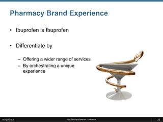 Pharmacy Brand Experience

• Ibuprofen is Ibuprofen

• Differentiate by

   – Offering a wider range of services
   – By orchestrating a unique
     experience




                           © 2012 All Rights Reserved - Confidential   22
 