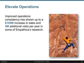 Elevate Operations

Improved operations
consistency has shown up to a
$100M increase in sales and
5M additional visits per year in
some of Empathica’s research.




                        © 2012 All Rights Reserved - Confidential   42
 
