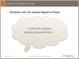 Listen to Customer Needs


    • Emotions are not always logical or linear




                        I need milk, lipstick,
                      photos and pain killers…




Page 32 - 11/9/2011      ©2011 Proprietary & Confidential – All rights reserved
 
