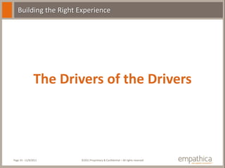 Building the Right Experience




                The Drivers of the Drivers




Page 33 - 11/9/2011    ©2011 Proprietary & Confidential – All rights reserved
 