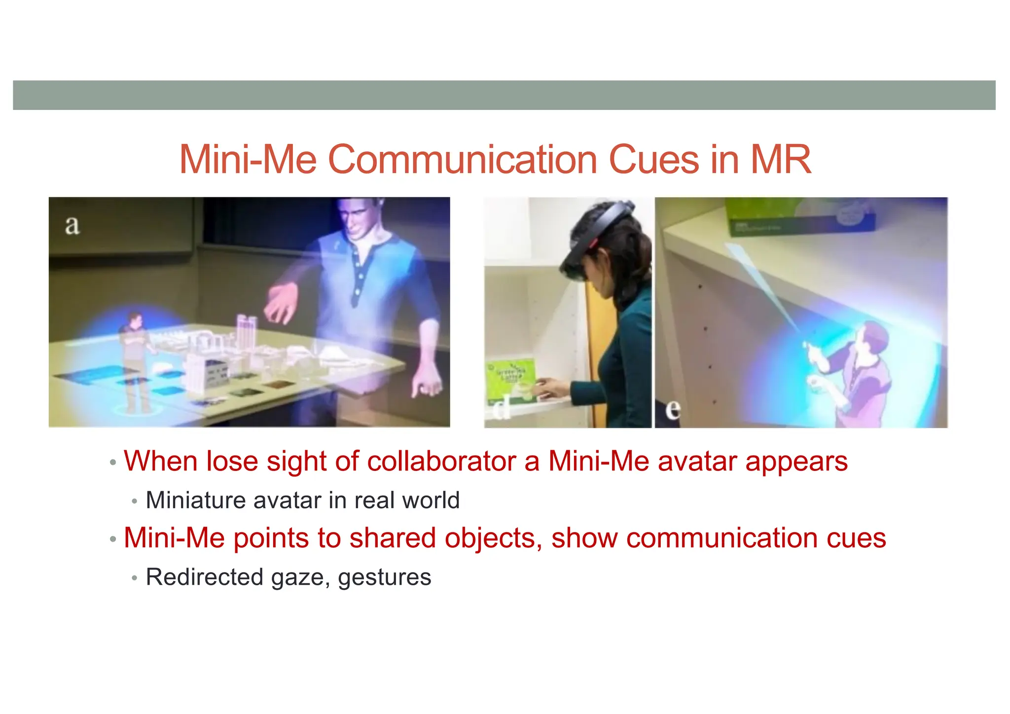 Mini-Me Communication Cues in MR
• When lose sight of collaborator a Mini-Me avatar appears
• Miniature avatar in real world
• Mini-Me points to shared objects, show communication cues
• Redirected gaze, gestures
 
