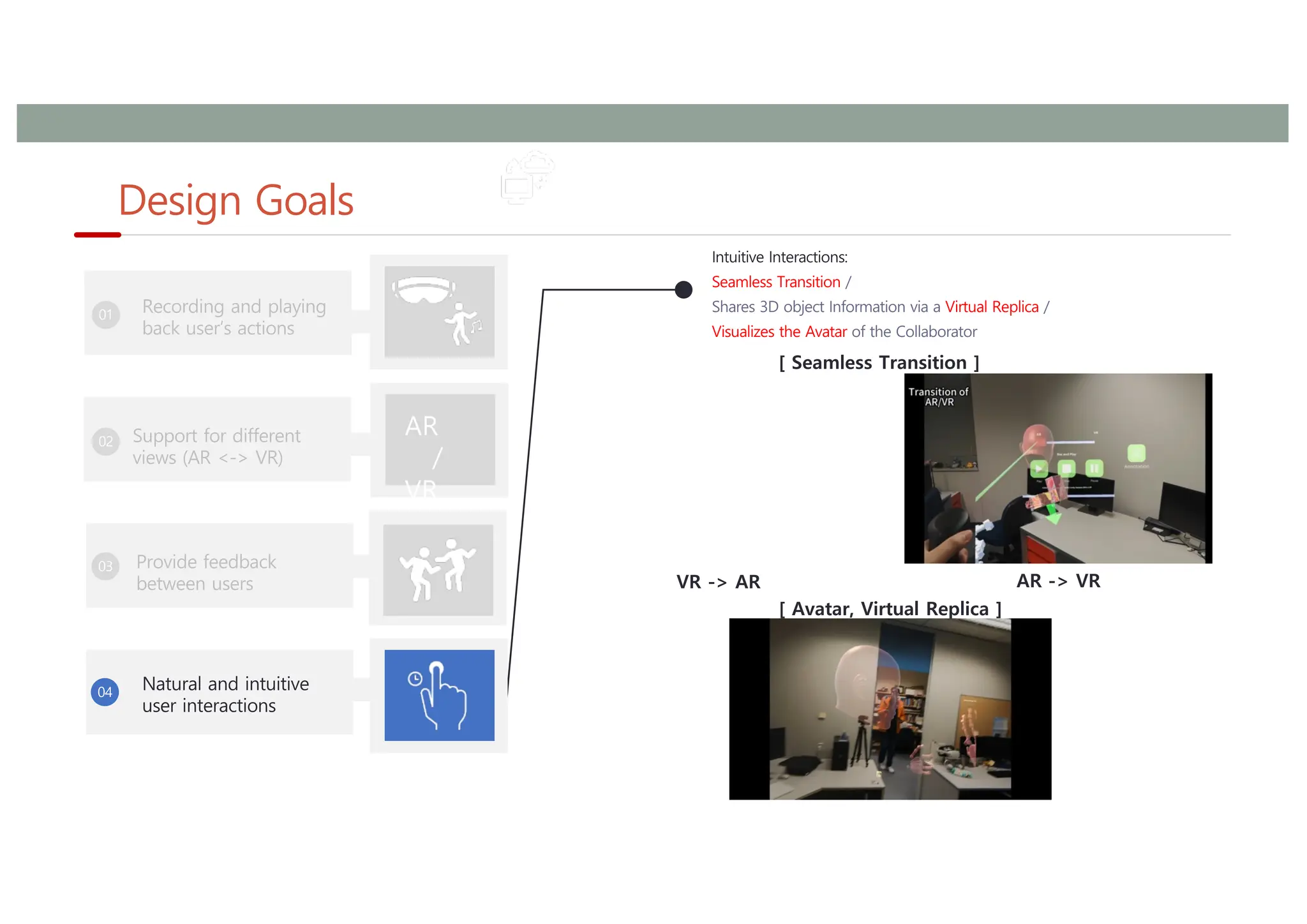 Design Goals
37
AR
/
VR
[ Seamless Transition ]
AR -> VR
VR -> AR
[ Avatar, Virtual Replica ]
 
