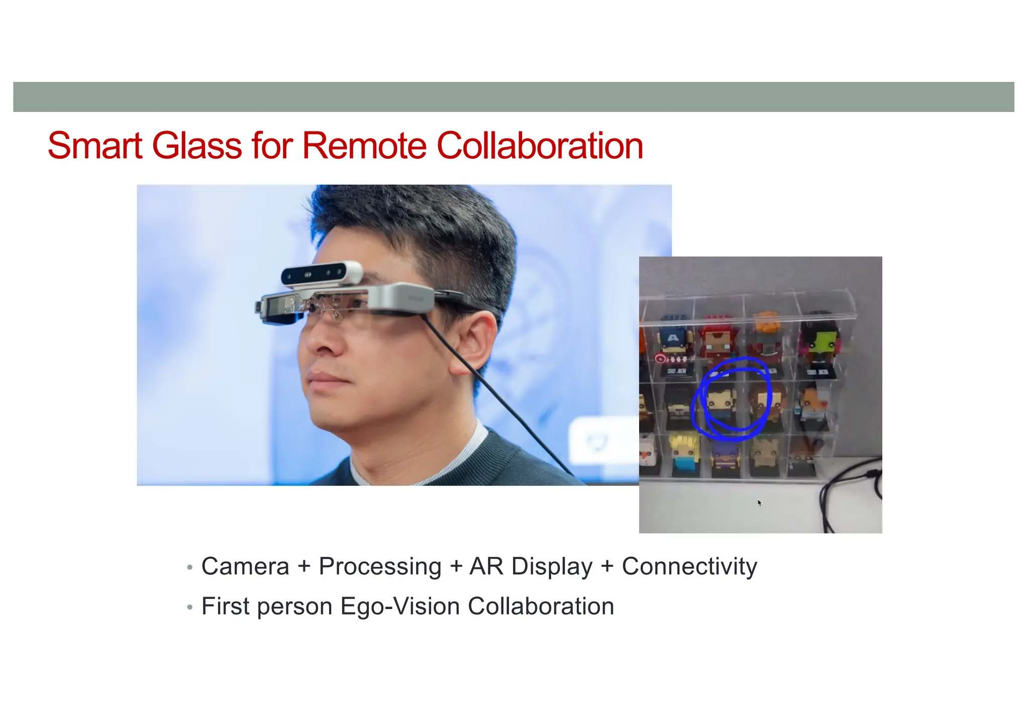 Smart Glass for Remote Collaboration
• Camera + Processing + AR Display + Connectivity
• First person Ego-Vision Collaboration
 
