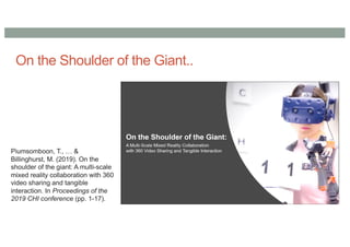 On the Shoulder of the Giant..
Piumsomboon, T., … &
Billinghurst, M. (2019). On the
shoulder of the giant: A multi-scale
mixed reality collaboration with 360
video sharing and tangible
interaction. In Proceedings of the
2019 CHI conference (pp. 1-17).
 