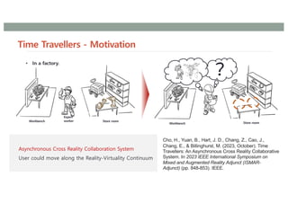 User could move along the Reality-Virtuality Continuum
Time Travellers - Motivation
Expert
worker Store room
Workbench
?
Store room
Workbench
• In a factory.
Cho, H., Yuan, B., Hart, J. D., Chang, Z., Cao, J.,
Chang, E., & Billinghurst, M. (2023, October). Time
Travellers: An Asynchronous Cross Reality Collaborative
System. In 2023 IEEE International Symposium on
Mixed and Augmented Reality Adjunct (ISMAR-
Adjunct) (pp. 848-853). IEEE.
 