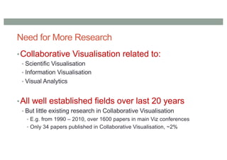 Need for More Research
•Collaborative Visualisation related to:
• Scientific Visualisation
• Information Visualisation
• Visual Analytics
•All well established fields over last 20 years
• But little existing research in Collaborative Visualisation
• E.g. from 1990 – 2010, over 1600 papers in main Viz conferences
• Only 34 papers published in Collaborative Visualisation, ~2%
 