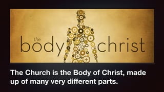 The Church is the Body of Christ, made
up of many very diﬀerent parts.
 