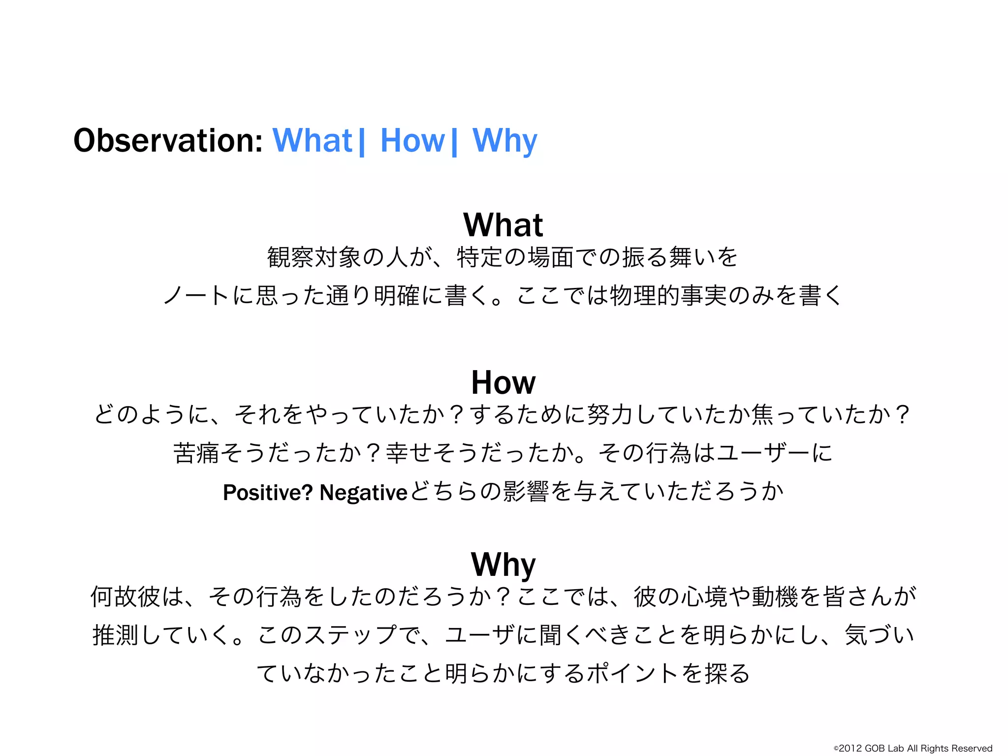 Observation: What| How| Why

                      What
           観察対象の人が、特定の場面での振る舞いを
     ノートに思った通り明確に書く。ここでは物理的事実のみを書く


                    Empathize
                      How
 どのように、それをやっていたか？するために努力していたか焦っていたか？
     苦痛そうだったか？幸せそうだったか。その行為はユーザーに
        Positive? Negativeどちらの影響を与えていただろうか


                       Why
何故彼は、その行為をしたのだろうか？ここでは、彼の心境や動機を皆さんが
 推測していく。このステップで、ユーザに聞くべきことを明らかにし、気づい
          ていなかったこと明らかにするポイントを探る

                                             ©2012 GOB Lab All Rights Reserved
 