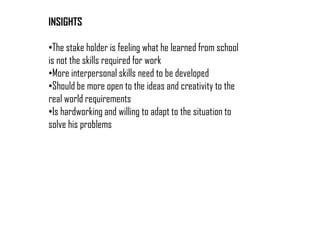 INSIGHTS
•The stake holder is feeling what he learned from school
is not the skills required for work
•More interpersonal skills need to be developed
•Should be more open to the ideas and creativity to the
real world requirements
•Is hardworking and willing to adapt to the situation to
solve his problems
 