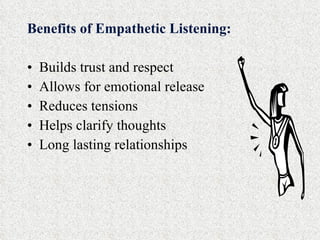 Benefits of Empathetic Listening: Builds trust and respect Allows for emotional release Reduces tensions Helps clarify thoughts Long lasting relationships 