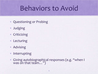 Behaviors to Avoid Questioning or Probing Judging Criticizing Lecturing Advising Interrupting Giving autobiographical responses (e.g. “when I was on that team…”) 