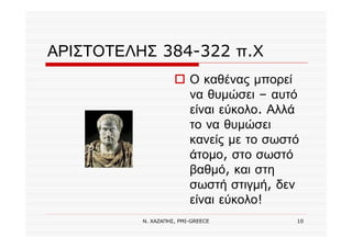 Ν. ΧΑΖΑΠΗΣ, PMI-GREECE 10
ΑΡΙΣΤΟΤΕΛΗΣ 384-322 π.Χ
Ο καθένας μπορεί
να θυμώσει – αυτό
είναι εύκολο. Αλλά
το να θυμώσει
κανείς με το σωστό
άτομο, στο σωστό
βαθμό, και στη
σωστή στιγμή, δεν
είναι εύκολο!
 