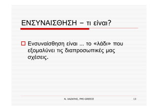 Ν. ΧΑΖΑΠΗΣ, PMI-GREECE 13
ΕΝΣΥΝΑΙΣΘΗΣΗ – τι είναι?
Ενσυναίσθηση είναι … το «λάδι» που
εξομαλύνει τις διαπροσωπικές μας
σχέσεις.
 