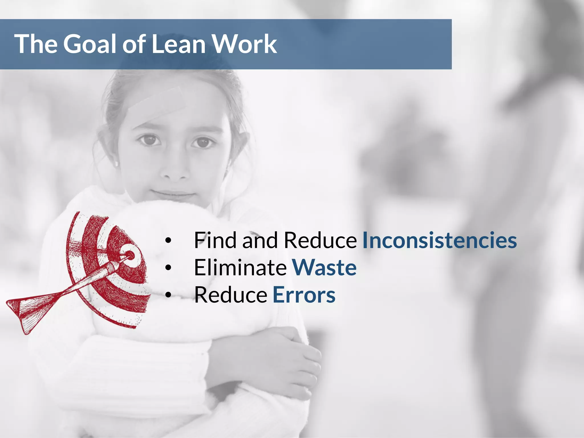 The Goal of Lean Work
• Find and Reduce Inconsistencies
• Eliminate Waste
• Reduce Errors
 