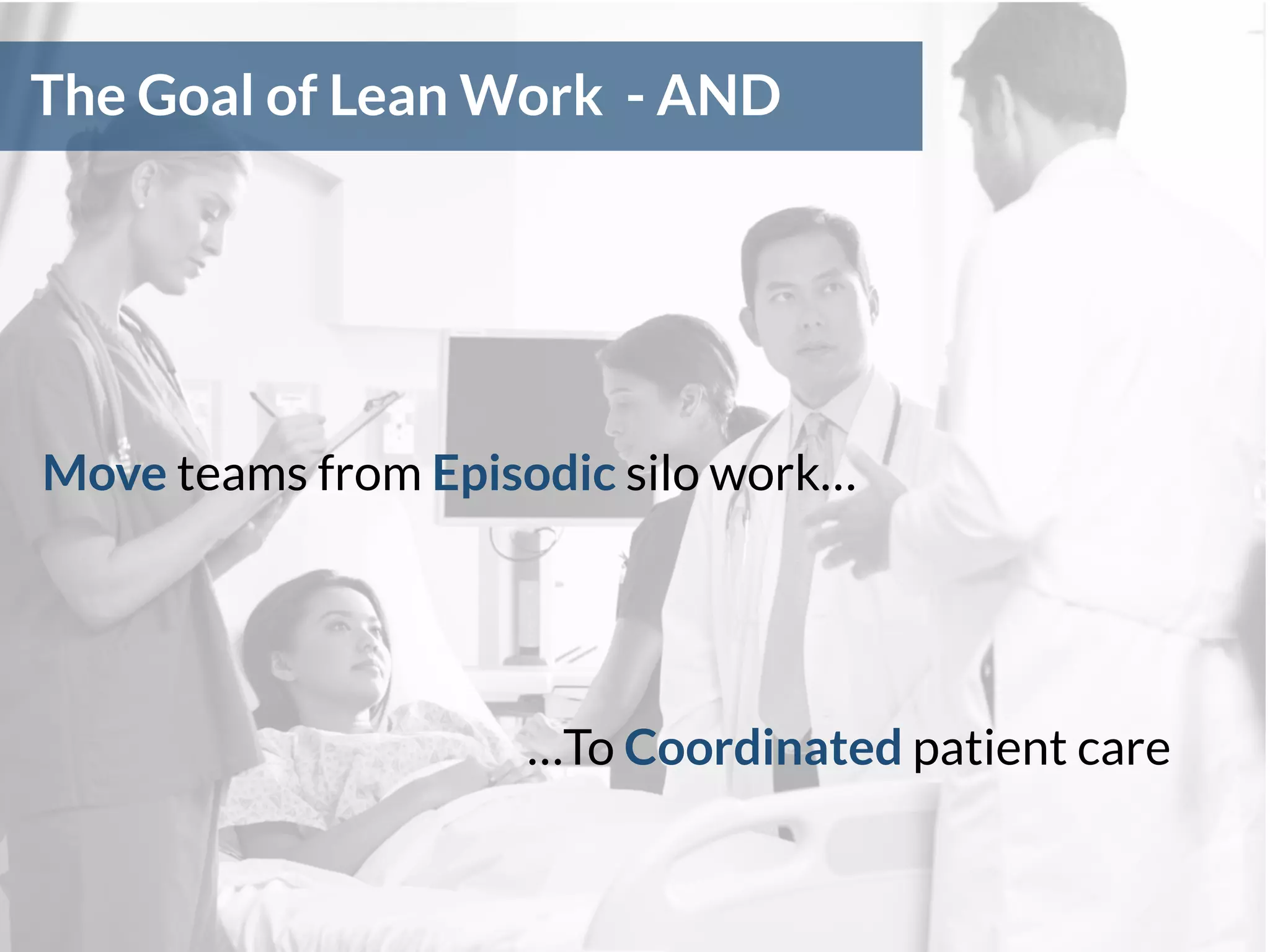 The Goal of Lean Work - AND
…To Coordinated patient care
Move teams from Episodic silo work…
 
