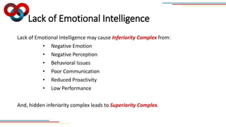 Lack of Emotional Intelligence
Lack of Emotional Intelligence may cause Inferiority Complex from:
• Negative Emotion
• Negative Perception
• Behavioral Issues
• Poor Communication
• Reduced Proactivity
• Low Performance
And, hidden inferiority complex leads to Superiority Complex.
 