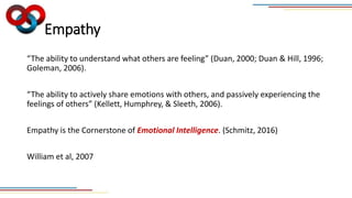 Empathy
“The ability to understand what others are feeling” (Duan, 2000; Duan & Hill, 1996;
Goleman, 2006).
“The ability to actively share emotions with others, and passively experiencing the
feelings of others” (Kellett, Humphrey, & Sleeth, 2006).
Empathy is the Cornerstone of Emotional Intelligence. (Schmitz, 2016)
William et al, 2007
 