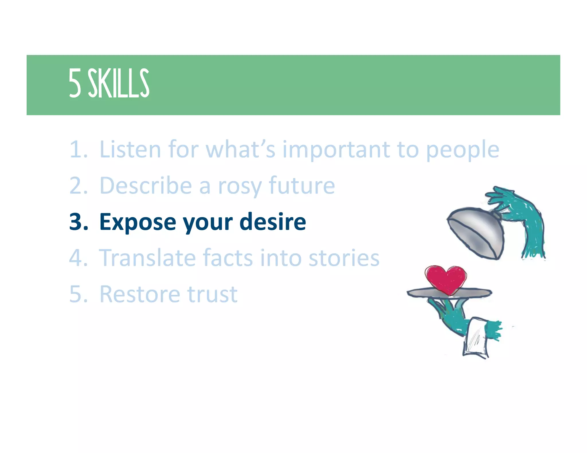 5 SKILLS
1. Listen for what’s important to people
2. Describe a rosy future
3. Expose your desire
4. Translate facts into stories
5. Restore trust
 