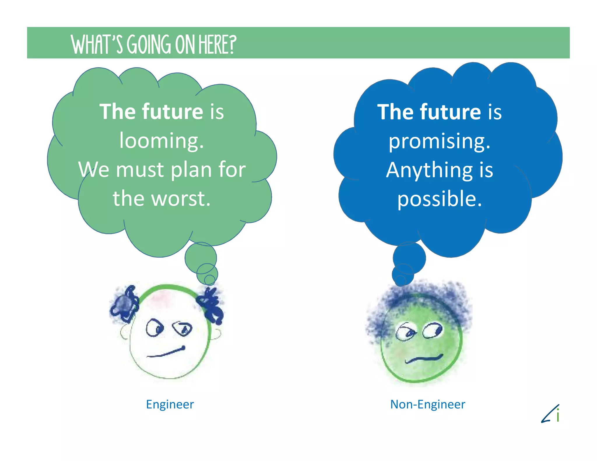 Engineer
The future is
promising.
Anything is
possible.
Non-Engineer
The future is
looming.
We must plan for
the worst.
WHAT’S GOING ON HERE?
 