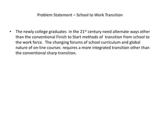 Problem Statement – School to Work Transition
• The newly college graduates in the 21st century need alternate ways other
than the conventional Finish to Start methods of transition from school to
the work force. The changing forums of school curriculum and global
nature of on-line courses requires a more integrated transition other than
the conventional sharp transition.
 