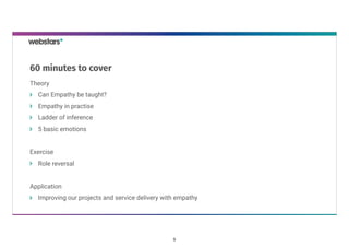 Theory
Can Empathy be taught?
Empathy in practise
Ladder of inference
5 basic emotions
Exercise
Role reversal
Application
Improving our projects and service delivery with empathy
60 minutes to cover
5
 