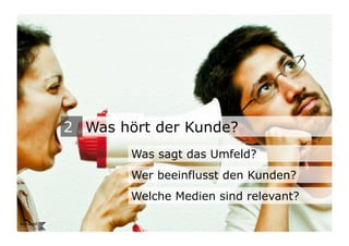 2 Was hört der Kunde?
                                   Was sagt das Umfeld?
                                   Wer beeinflusst den Kunden?
                                   Welche Medien sind relevant?
Wengistrasse 7
8004 Zürich
T +41 44 585 39 20                                                12
info@konzeptwerkstatt.ch
www.konzeptwerkstatt.ch
 