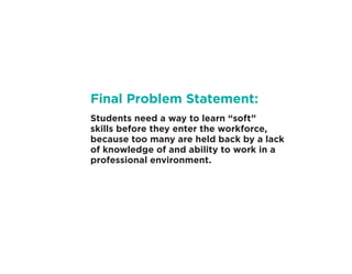 Final Problem Statement:
Students need a way to learn “soft”
skills before they enter the workforce,
because too many are held back by a lack
of knowledge of and ability to work in a
professional environment.
 