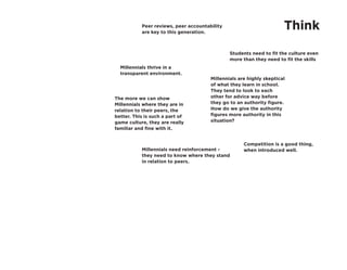 Think
Students need to fit the culture even
more than they need to fit the skills
Millennials thrive in a
transparent environment.
The more we can show
Millennials where they are in
relation to their peers, the
better. This is such a part of
game culture, they are really
familiar and fine with it.
Millennials need reinforcement -
they need to know where they stand
in relation to peers.
Peer reviews, peer accountability
are key to this generation.
Competition is a good thing,
when introduced well.
Millennials are highly skeptical
of what they learn in school.
They tend to look to each
other for advice way before
they go to an authority figure.
How do we give the authority
figures more authority in this
situation?
 