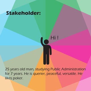 Hi !
Stakeholder:
25 years old man, studying Public Administration
for 7 years. He is querier, peaceful, versatile. He
likes poker.
 